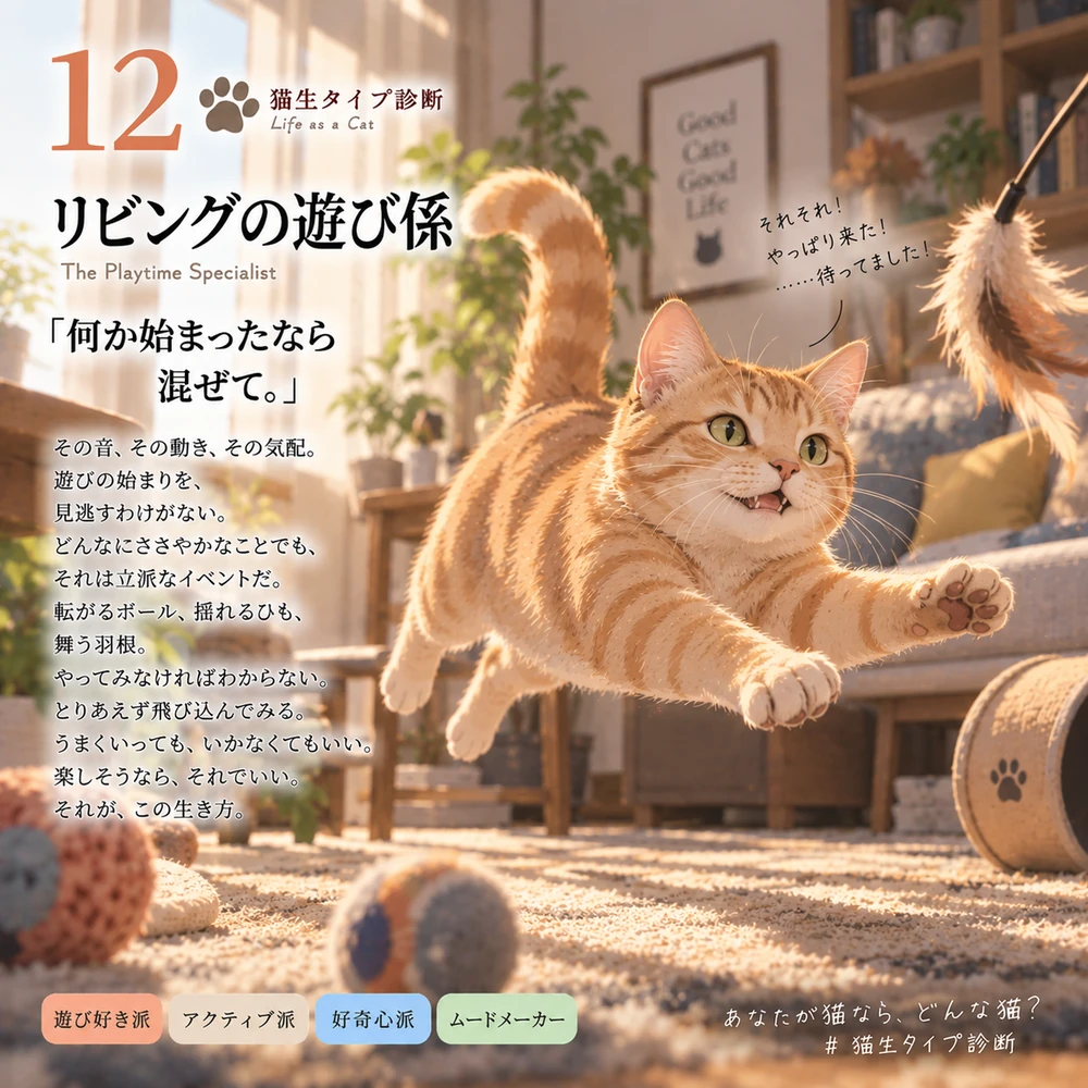 リビングの遊び係の猫生タイプカード