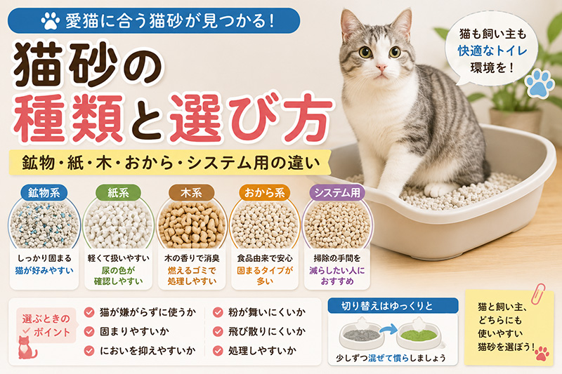 猫砂の種類と選び方|鉱物・紙・木・おから・システム用の違い